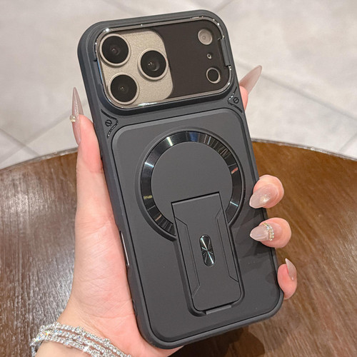 iPhone 18 Pro Shockproof Lens Cover Magnetic Phone Case with Hidden Holder - Black