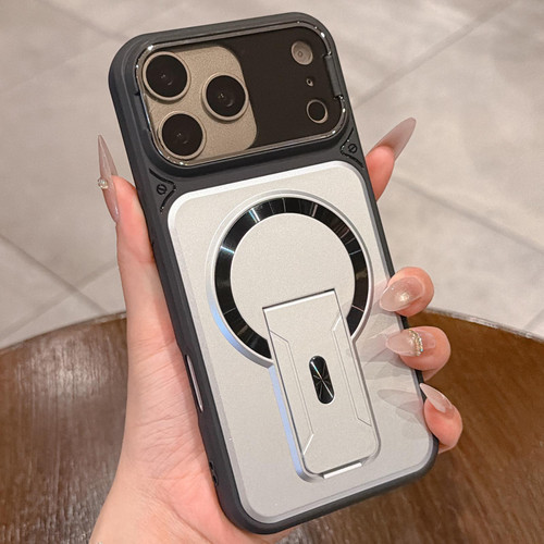 iPhone 18 Pro Shockproof Lens Cover Magnetic Phone Case with Hidden Holder - Silver