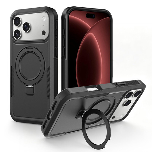 iPhone 18 Pro Shockproof Protective TPU Hybrid PC Ring Holder Magnetic Phone Case - Black