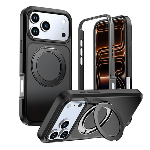 iPhone 18 Pro Silicone Magnetic Anti-drop Protective Phone Case with 360 Rotating Holder - Black