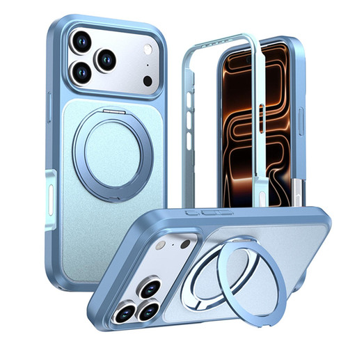 iPhone 18 Pro Silicone Magnetic Anti-drop Protective Phone Case with 360 Rotating Holder - Ice Blue