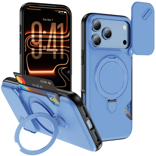 iPhone 18 Pro Sliding Camshield Card Slot Magnetic Rotation Holder Phone Case - Light Blue