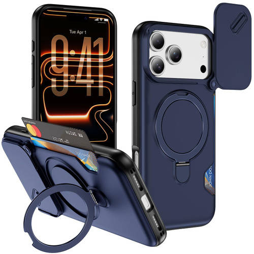 iPhone 18 Pro Sliding Camshield Card Slot Magnetic Rotation Holder Phone Case - Royal Blue