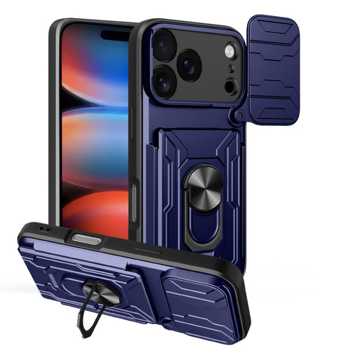 iPhone 18 Pro Sliding Camshield TPU+PC Phone Case with Card Slot - Blue
