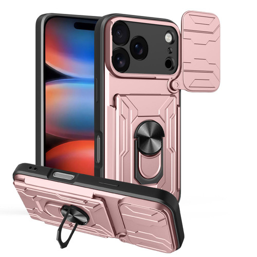 iPhone 18 Pro Sliding Camshield TPU+PC Phone Case with Card Slot - Rose Gold