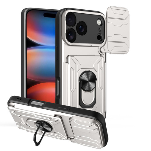 iPhone 18 Pro Sliding Camshield TPU+PC Phone Case with Card Slot - White