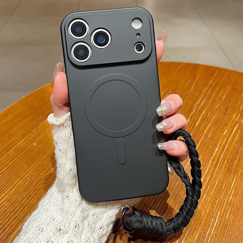 iPhone 18 Pro Solid Color Liquid Silicone Magnetic Phone Case with Lanyard - Black