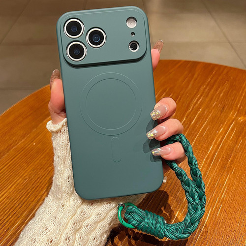 iPhone 18 Pro Solid Color Liquid Silicone Magnetic Phone Case with Lanyard - Dark Green