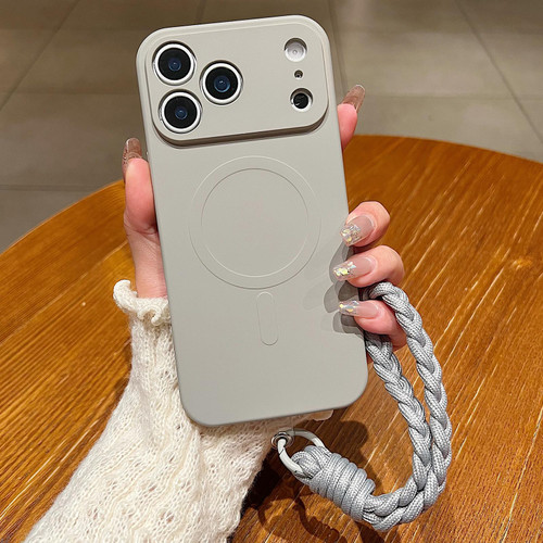 iPhone 18 Pro Solid Color Liquid Silicone Magnetic Phone Case with Lanyard - Grey