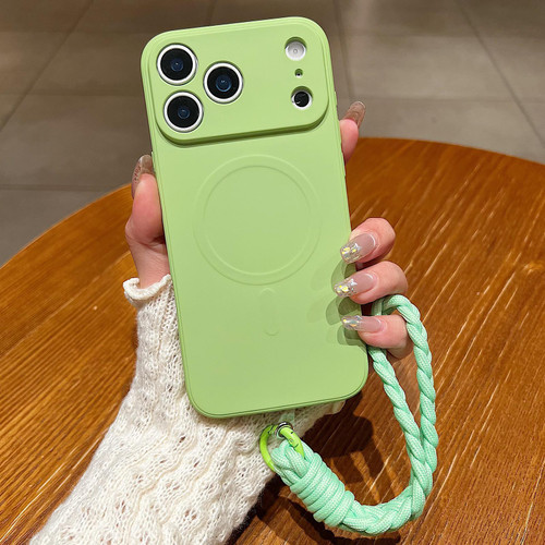 iPhone 18 Pro Solid Color Liquid Silicone Magnetic Phone Case with Lanyard - Matcha Green