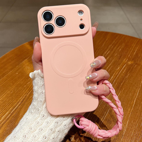 iPhone 18 Pro Solid Color Liquid Silicone Magnetic Phone Case with Lanyard - Pink