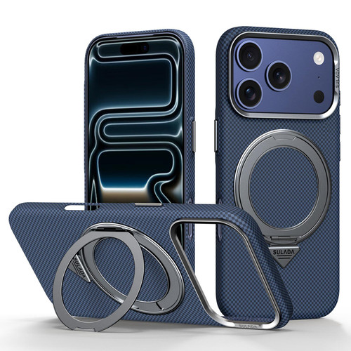 iPhone 18 Pro SULADA Kevlar Grid Patterned Skin Feel Rotation Magnetic Holder Phone Case - Blue
