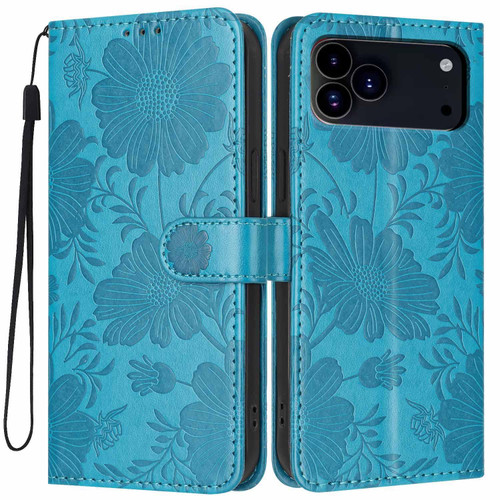 iPhone 18 Pro Sunflower Embossed Vegan Leather Phone Case with Small Black Rope - Blue