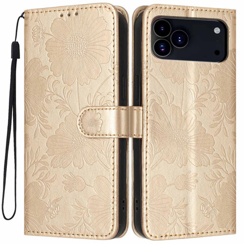 iPhone 18 Pro Sunflower Embossed Vegan Leather Phone Case with Small Black Rope - Gold
