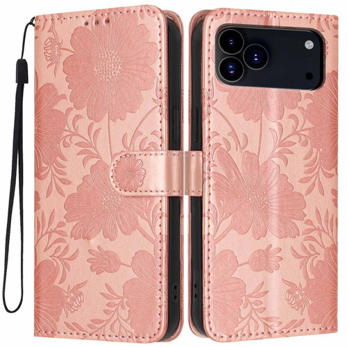 iPhone 18 Pro Sunflower Embossed Vegan Leather Phone Case with Small Black Rope - Rose Gold