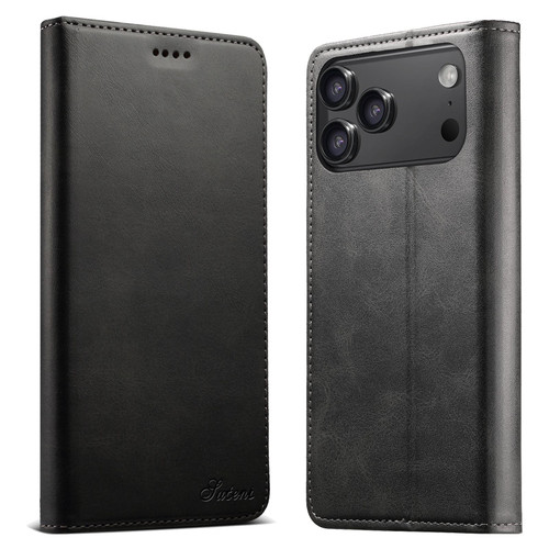 iPhone 18 Pro Suteni Calf Texture Horizontal Flip Leather Phone Case - Black