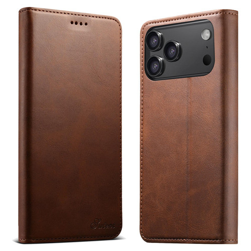 iPhone 18 Pro Suteni Calf Texture Horizontal Flip Leather Phone Case - Brown