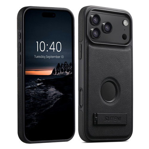 iPhone 18 Pro Suteni G2 Magsafe Litchi Texture Leather Back Phone Case with Holder - Black