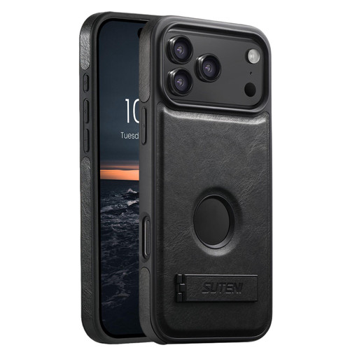 iPhone 18 Pro Suteni G2 Magsafe Oil Wax Leather Back Phone Case with Holder - Black