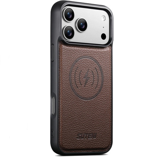 iPhone 18 Pro Suteni G5 Large Litchi Texture Vegan Leather Magnetic Back Phone Case - Brown