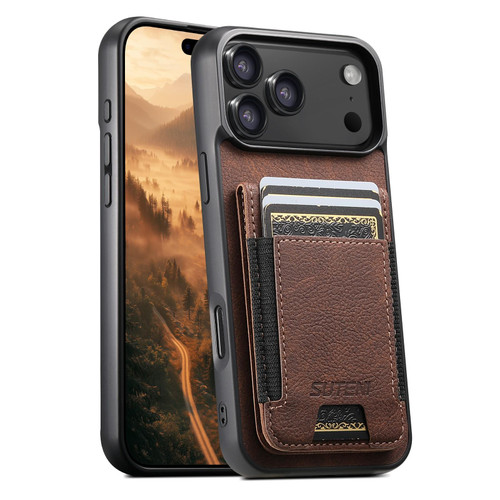 iPhone 18 Pro Suteni H03 Litchi Leather Card Bag Stand Back Phone Case - Brown