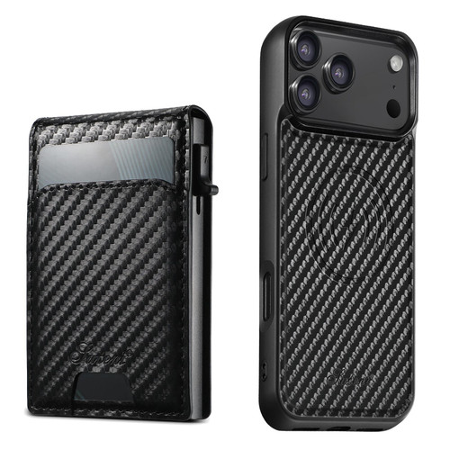 iPhone 18 Pro Suteni H19 Carbon Fiber Grain 2-in-1 MagSafe Removable Card Box Back Phone Case - Black