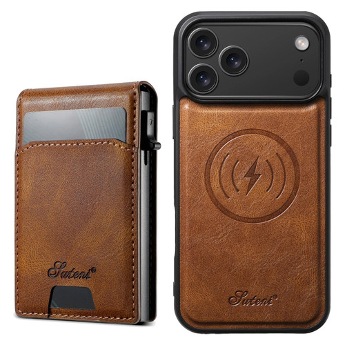 iPhone 18 Pro Suteni H19 Oil Wax 2-in-1 MagSafe Removable Card Box Back Phone Case - Brown
