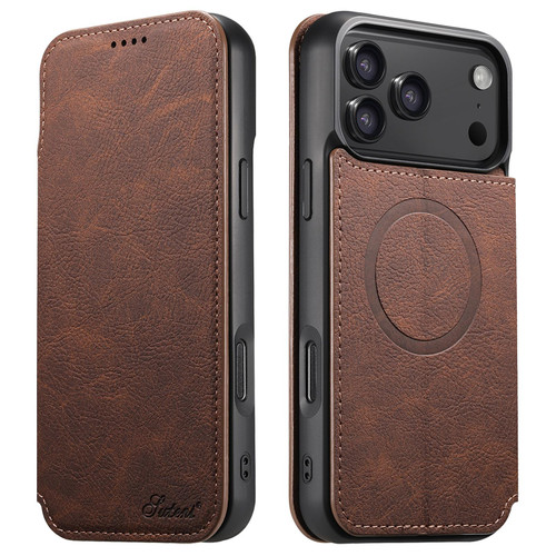 iPhone 18 Pro Suteni J06 Retro Matte Litchi Texture Leather MagSafe Phone Case - Brown