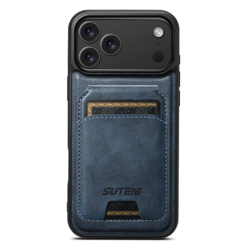 iPhone 18 Pro Suteni M5 Magnetic Card Bag MagSafe Cowhide Texture Leather Phone Case - Blue