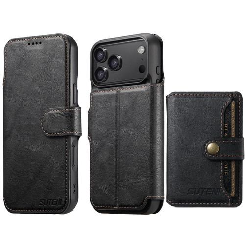 iPhone 18 Pro Suteni Q05S1 3-in-1 Detachable Wallet MagSafe Leather Phone Case - Black