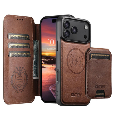 iPhone 18 Pro Suteni Q05S2 3-in-1 Detachable Vertical Flip Wallet MagSafe Leather Phone Case - Brown