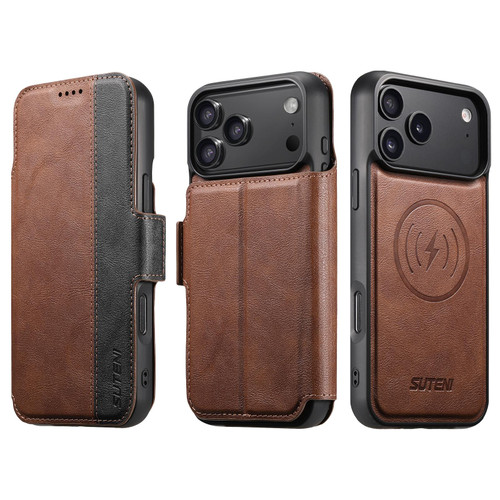 iPhone 18 Pro Suteni Q07 2-in-1 Multi-function Detachable Wallet MagSafe Phone Case - Brown