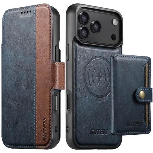 iPhone 18 Pro Suteni Q07S1 3-in-1 Detachable Wallet MagSafe Splicing Leather Phone Case - Blue
