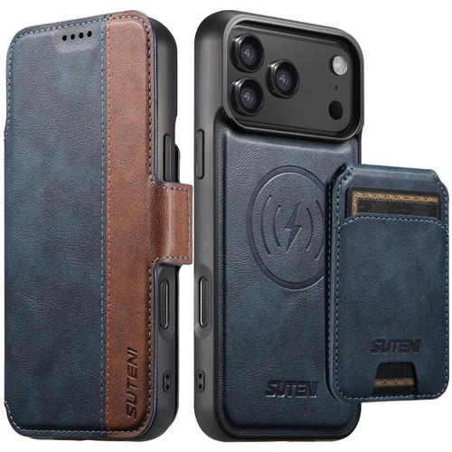 iPhone 18 Pro Suteni Q07S2 3-in-1 Detachable Vertical Flip Wallet MagSafe Splicing Leather Phone Case - Blue