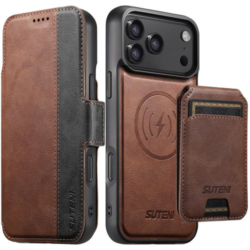 iPhone 18 Pro Suteni Q07S2 3-in-1 Detachable Vertical Flip Wallet MagSafe Splicing Leather Phone Case - Brown