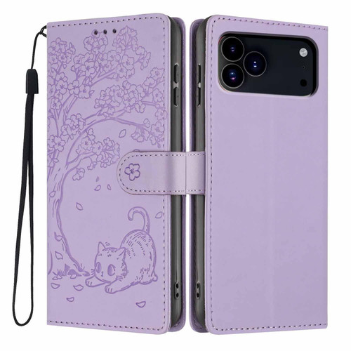 iPhone 18 Pro Tree Cat Embossed Flip Vegan Leather Phone Case - Purple