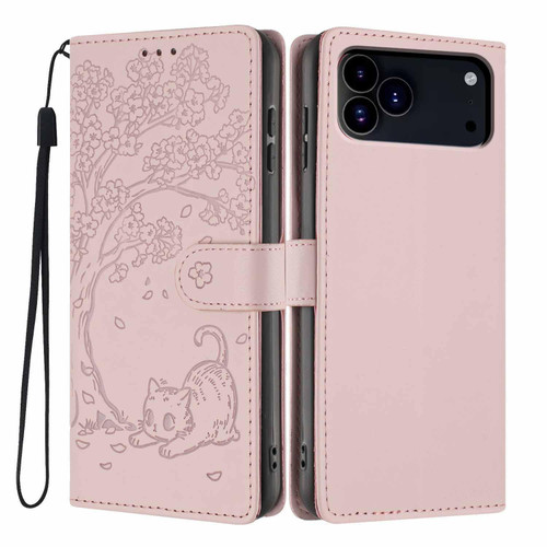 iPhone 18 Pro Tree Cat Embossed Flip Vegan Leather Phone Case - Rose Gold