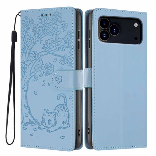 iPhone 18 Pro Tree Cat Embossed Flip Vegan Leather Phone Case - Sky Blue