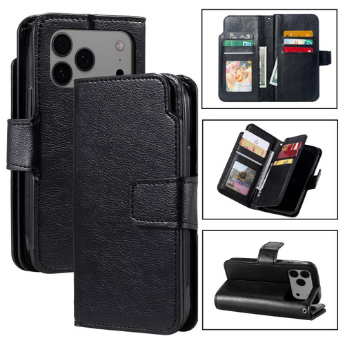 iPhone 18 Pro Tri-Fold 9-Card Wallets Leather Phone Case - Black