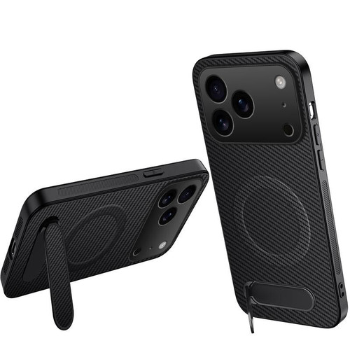 iPhone 18 Pro WANLONFENG Kickstand Carbon Fiber Texture Magnetic Phone Case - Black
