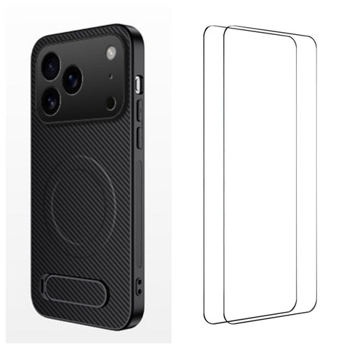 iPhone 18 Pro WANLONFENG Kickstand Carbon Fiber Texture Magnetic Phone Case with 2pcs Screen Films - Black