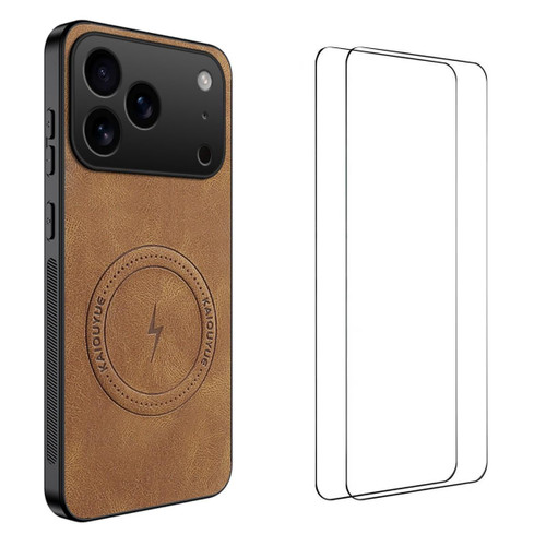 iPhone 18 Pro WANLONFENG Nappa Texture Magnetic Phone Case with 2pcs Screen Films - Brown