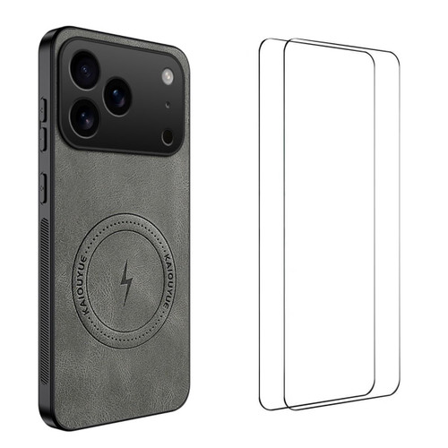 iPhone 18 Pro WANLONFENG Nappa Texture Magnetic Phone Case with 2pcs Screen Films - Grey