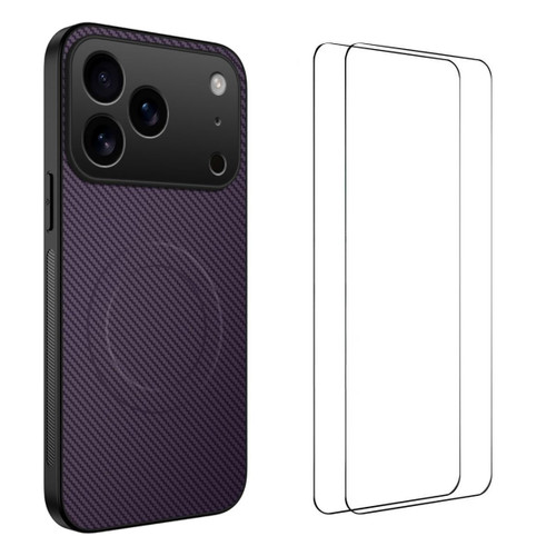 iPhone 18 Pro WANLONFENG TQ1 Series Magnetic Carbon Fiber Texture Phone Case with 2pcs Screen Films - Purple