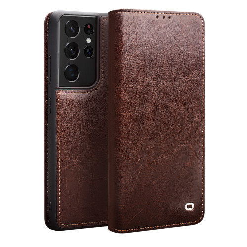 QIALINO - Galaxy S21 Ultra 5G Genuine Leather Phone Case - Brown