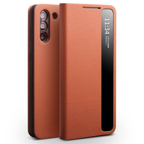 QIALINO - Galaxy S21+ 5G Genuine Leather Side Window View Smart Phone Case - Brown