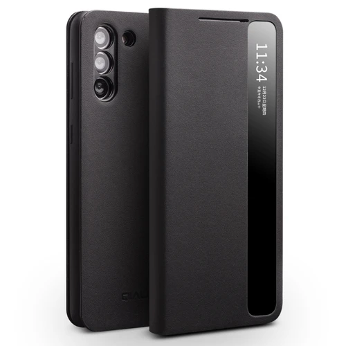 QIALINO - Galaxy S21+ 5G Genuine Leather Side Window View Smart Phone Case - Black
