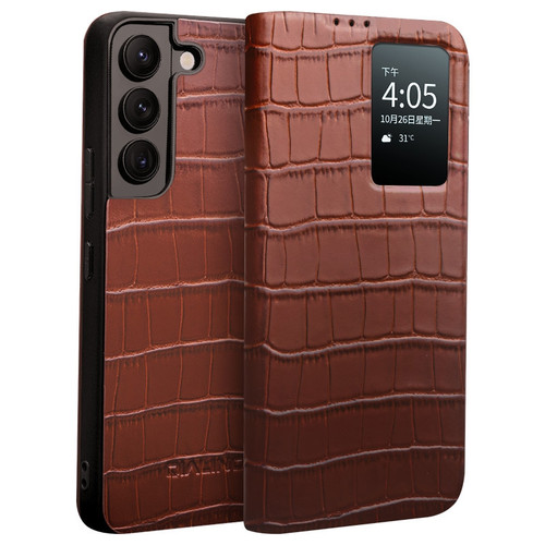 QIALINO - Galaxy S22+ 5G Crocodile Pattern Genuine Leather Phone Case - Brown