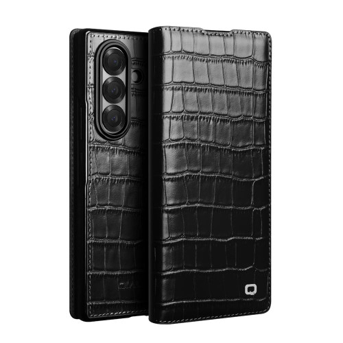 QIALINO - Galaxy Z Fold7 5G Crocodile Texture Genuine Leather Phone Case - Black