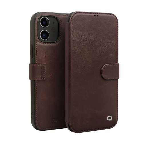 QIALINO - iPhone 12 mini Business Magnetic Horizontal Flip Leather Case with Card Slots & Wallet - Dark Brown